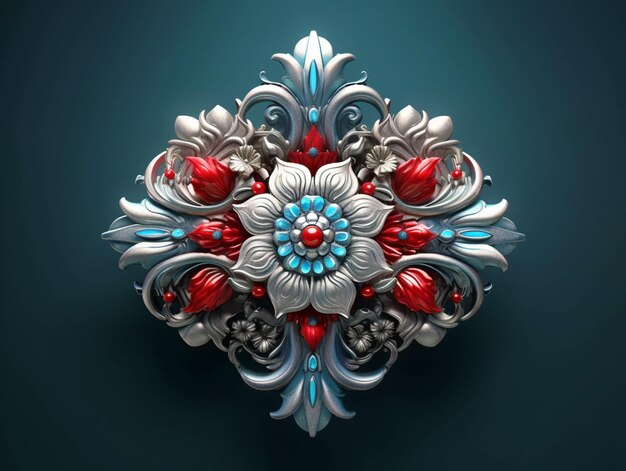 Un diseño de flores plateadas y azules con cuentas rojas y un fondo azul.