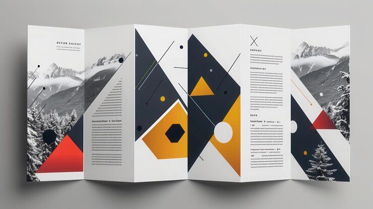 Diseño de folleto geométrico con formas abstractas e imágenes de montañas perfectas para la promoción