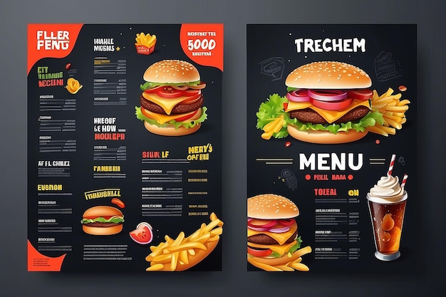 Diseño de folleto de menú de comida rápida en una plantilla vectorial de fondo oscuro