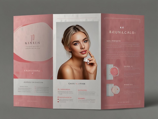 El diseño de folletos bifold con temas cosméticos blancos y rosados también se puede utilizar en catálogos o revistas