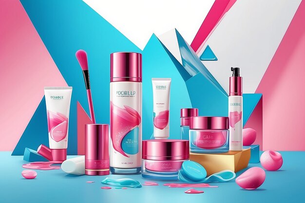 Foto diseño de folletos cosméticos vívidos para productos de cuidado de la piel y maquillaje en una revista de fondo geométrico