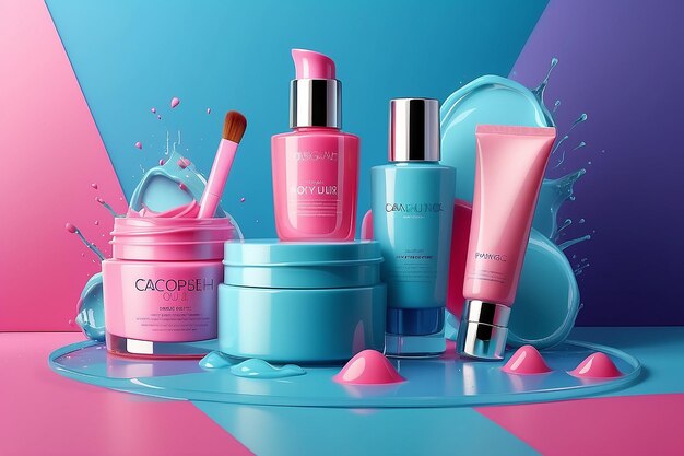 Foto diseño de folletos cosméticos vívidos para productos de cuidado de la piel y maquillaje en una revista de fondo geométrico