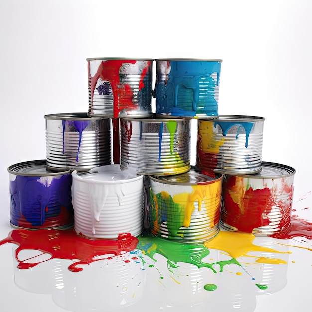 Diseño de fondo blanco cinco latas modernas de fentesi con pinturas al óleo