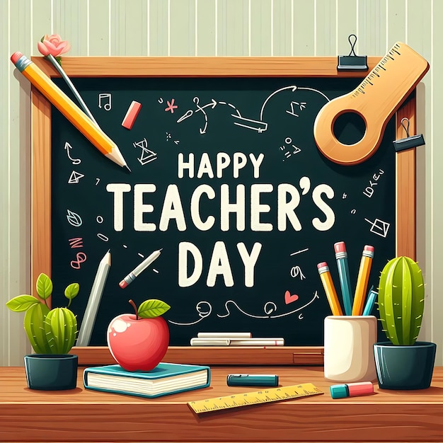 Foto diseño de fondo del día de los maestros con pizarra con las palabras happy teachers day