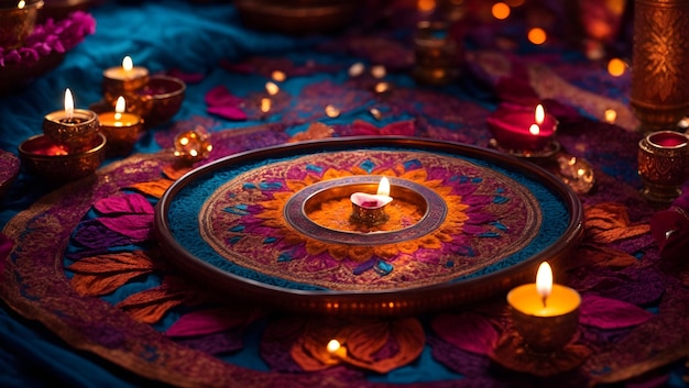 Diseño de fondo de Diwali con lámpara diya que presenta un caleidoscopio de colores y patrones