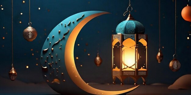 Diseño de fondo de Eid y Ramadán con mezquita de luna creciente en 3D