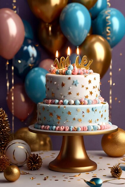 Diseño de fondo festivo para celebrar el primer cumpleaños con un exquisito pastel y decoraciones en casa