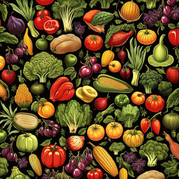 Diseño de fondo de frutas y verduras de patrones sin fisuras