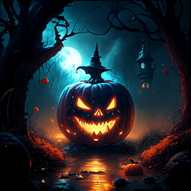 Foto diseño de fondo de halloween con calabaza y bosque nocturno