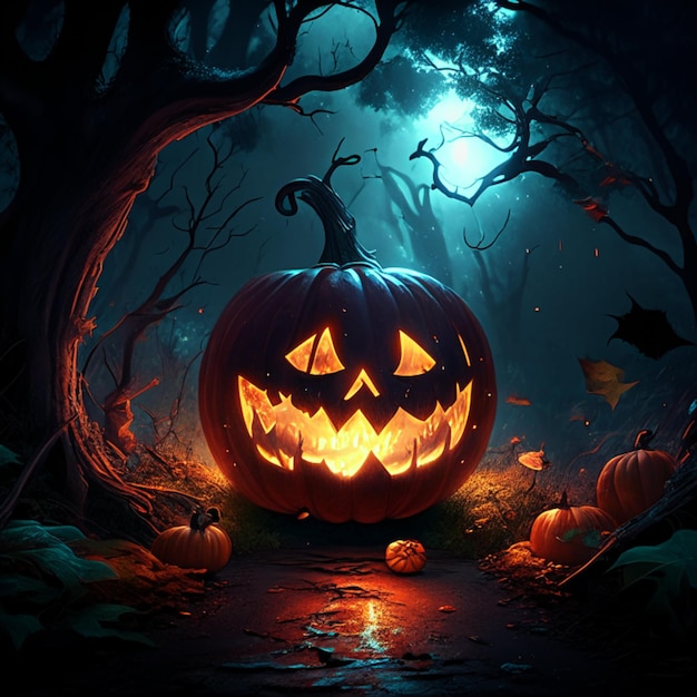 Foto diseño de fondo de halloween con calabaza y bosque nocturno