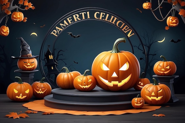 Diseño de fondo de Halloween con exhibición de productos y elementos festivos Cartel o pancarta de promoción de ventas de Halloween