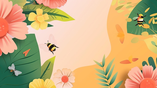 Diseño de fondo mínimo flores abejas coloridas