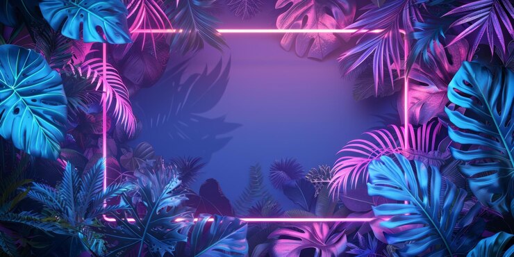 Diseño de fondo de moda Plantas tropicales con marco de neón en forma de rectángulo verde y azul