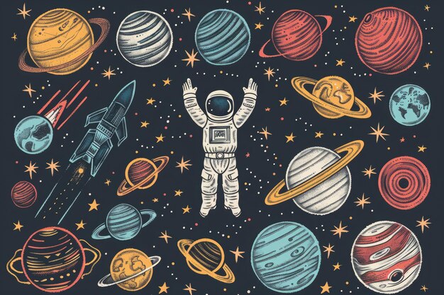 Diseño de fondo con muchos planetas en la ilustración espacial Conjunto de íconos espaciales y astronauta