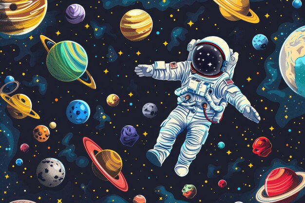 Diseño de fondo con muchos planetas en la ilustración espacial Conjunto de íconos espaciales y astronauta