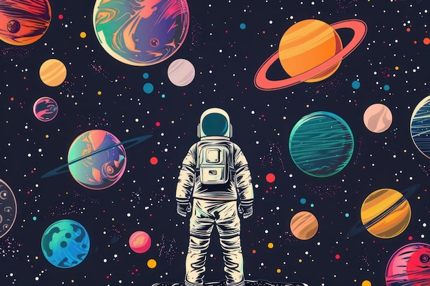 Diseño de fondo con muchos planetas en la ilustración espacial Conjunto de íconos espaciales y astronauta