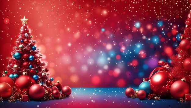 Diseño de fondo de Navidad feliz con varias luces de colores bolas caja de regalos y árbol de Navidad