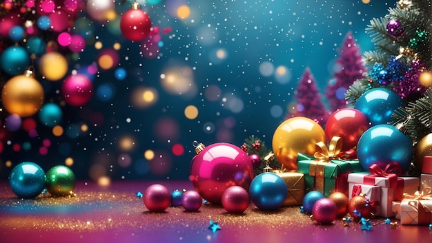 Diseño de fondo de Navidad feliz con varias luces de colores bolas caja de regalos y árbol de Navidad