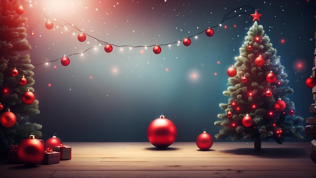 Diseño de fondo de Navidad feliz con varias luces de colores bolas caja de regalos y árbol de Navidad