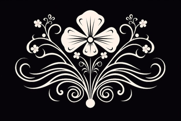 un diseño en un fondo negro con una flor blanca.