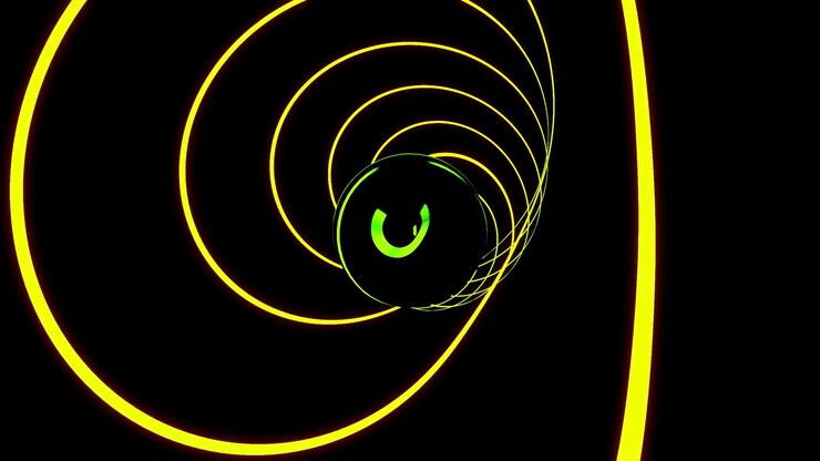Foto diseño de fondo negro las líneas giratorias del láser amarillo se mueven hacia adelante en un neón brillante