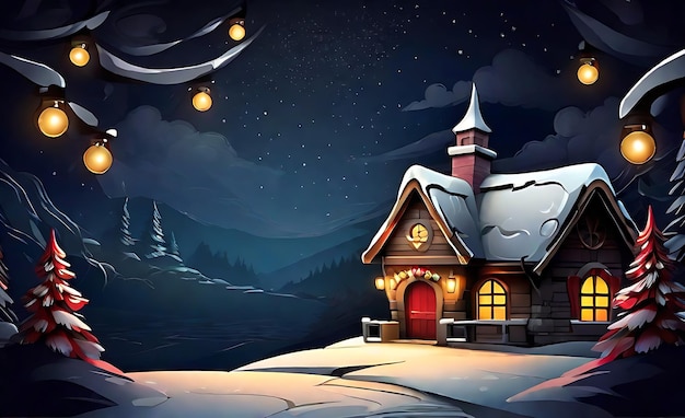 Diseño de fondo de la noche de Navidad en nieve y casa del castillo