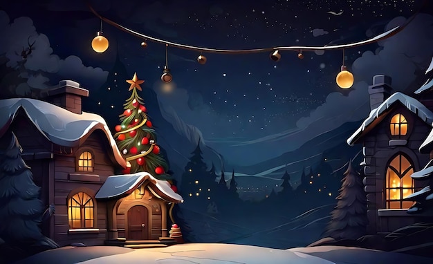 Diseño de fondo de la noche de Navidad en nieve y casa del castillo
