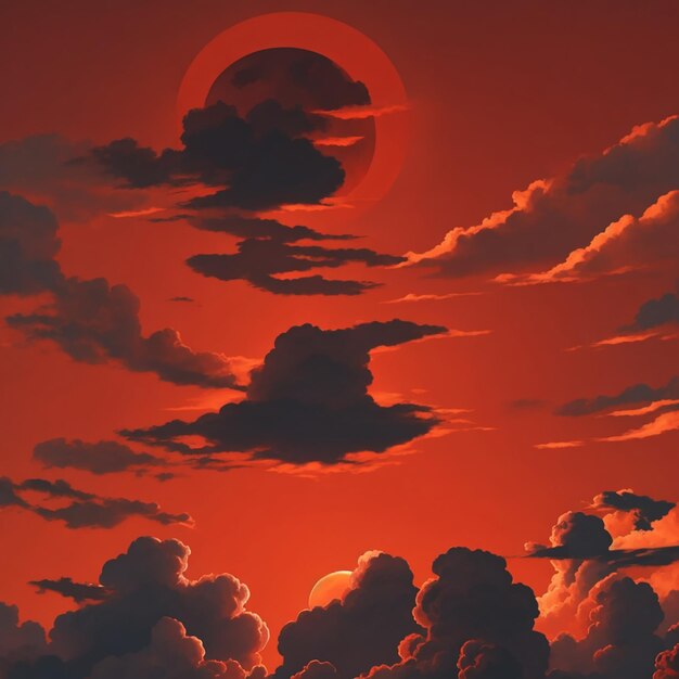 Diseño de fondo de nubes y sol rojo