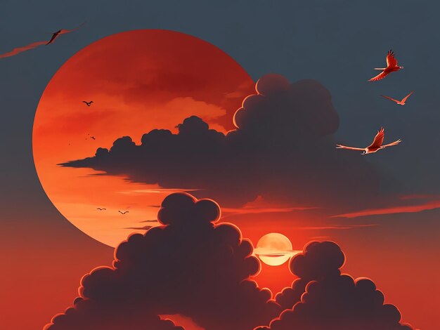 Diseño de fondo de nubes y sol rojo