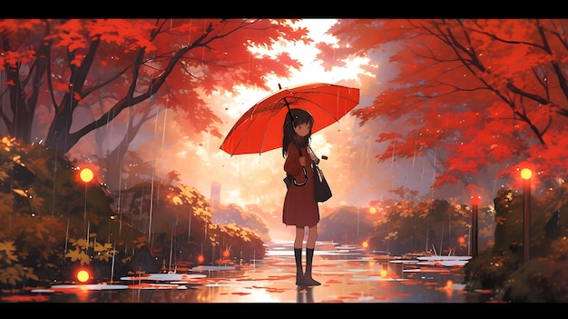 Diseño de fondo de otoño Papel de pared de otoño estilo manga de anime de color marrón dorado