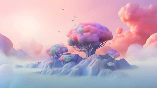 diseño de fondo de página de destino con montañas y árboles en colores pastel suaves