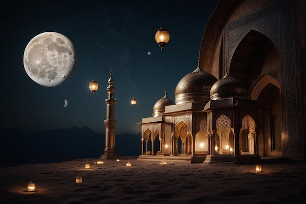 Diseño de fondo de Ramadán con mezquita de la luna para Eid Ul Fitter