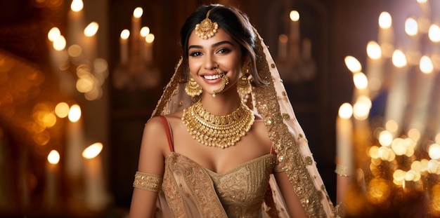 Diseño de fondo del sitio web de JewelleryBridal La novia india sonriendo usando Lehenga y joyas