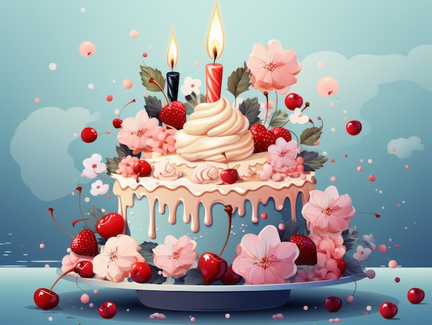 Diseño de fondo de vector de pastel de cumpleaños Texto de saludo de feliz cumpleaños con decoración de elemento de pastel delicioso