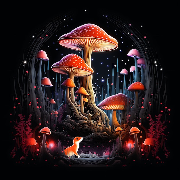 Diseño de Fox Encantador Crepúsculo Líneas de neón onduladas Glowing Mushroom Clipart T-shirt Diseño Glow