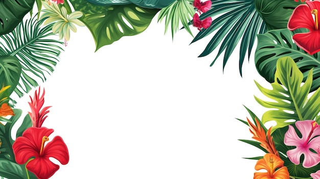 Foto diseño frame de hojas tropicales y grandes flores exóticas diseño botánico exótico para cosméticos