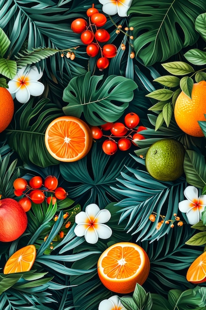 Diseño de frutas y plantas con naranjas, cerezas y otras frutas rodeadas de hojas verdes y rosas