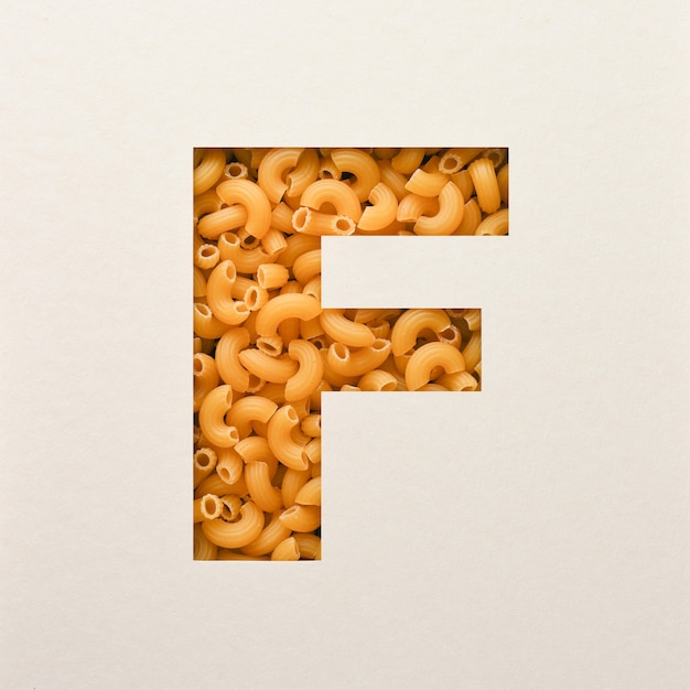 Diseño de fuente, fuente de alfabeto abstracto con macarrones de codo, tipografía de comida realista - F