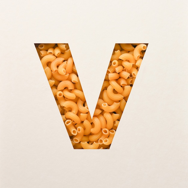 Diseño de fuente, fuente de alfabeto abstracto con macarrones de codo, tipografía de comida realista - V