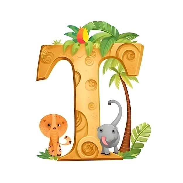 Diseño de fuente para la letra R con palmera elefante e ilustración de mono