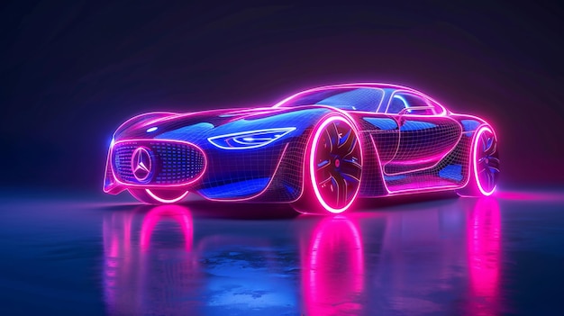 Diseño futurista de automóviles con líneas de neón iluminadas que representan la transferencia de datos rápida de alta tecnología