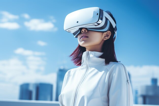 Diseño futurista de concepto Mujer asiática Arquitecta o Ingeniera que usa auriculares VR para trabajar en diseño 3D