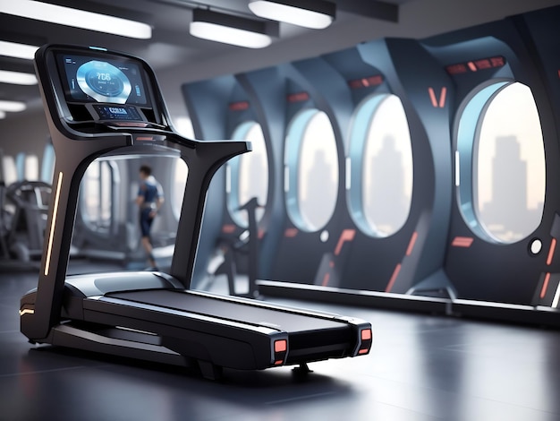 Diseño futurista genérico de máquina caminadora de gimnasio con pantalla interactiva.