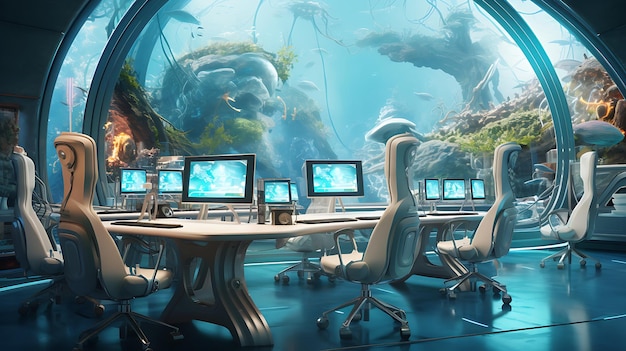 Diseño futurista de la sala de computadoras y el acuario