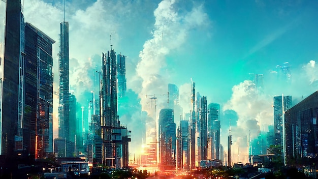 Diseño del futuro de la metrópolis con muchos edificios en la ciudad.