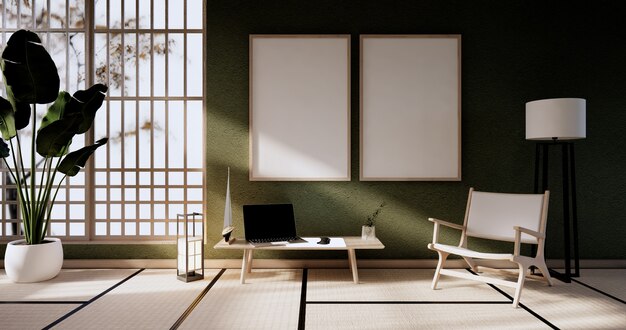 El diseño de gabinete vintage, sala de estar verde con sillón de estilo japonés.Representación 3D.