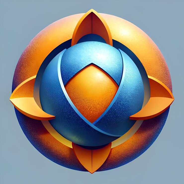 Foto diseño geométrico 3d abstracto con una esfera azul rodeada por cuatro flechas naranjas