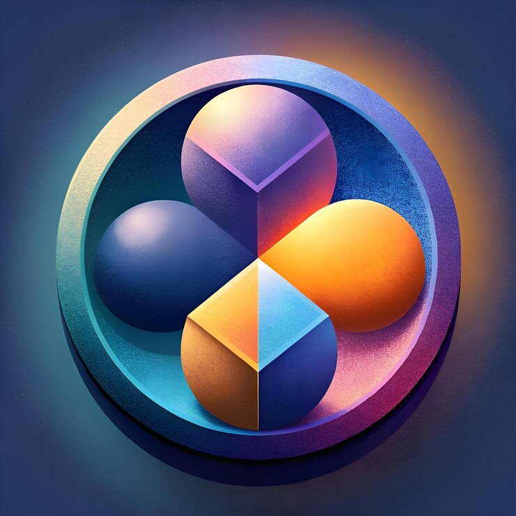 Foto diseño geométrico abstracto con cuatro formas coloridas en un marco circular