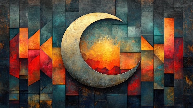 Diseño geométrico abstracto con puesta de sol de luna creciente y colores vibrantes