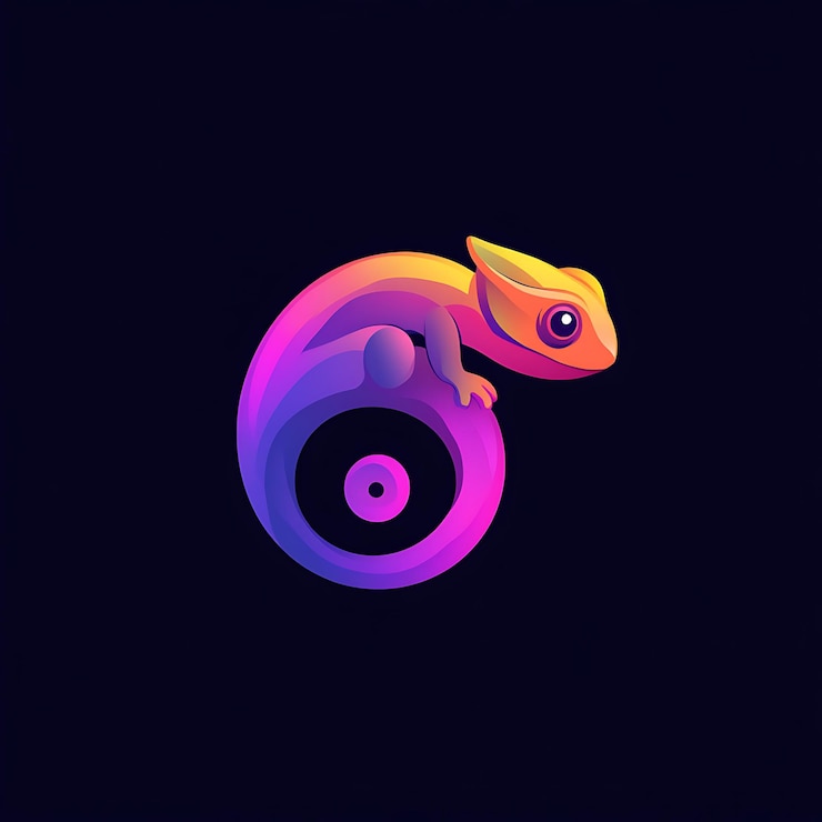 Foto diseño geométrico audaz que muestra un camaleón animado lleno de color